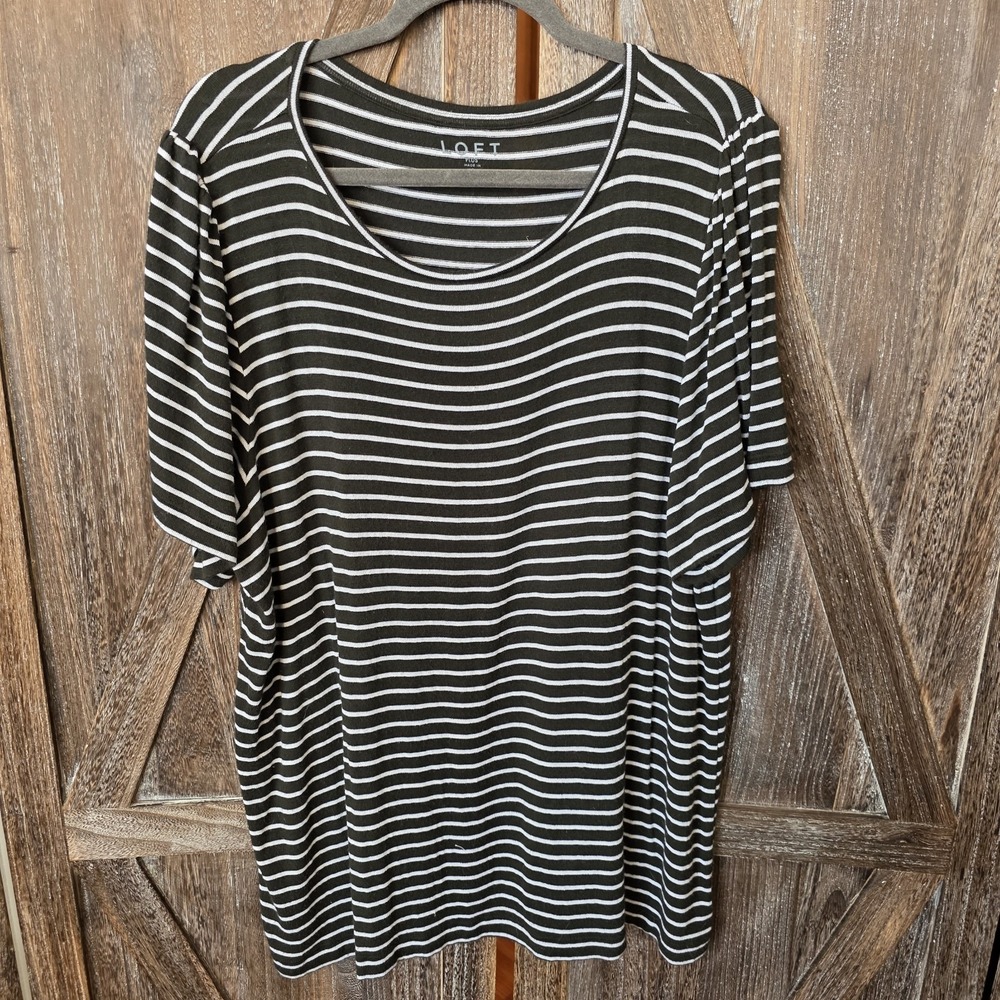 Loft Shirt Women's Size 20/22 Dark Green & White Striped Puff Short Sleeve